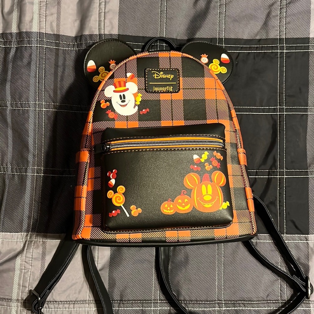 Loungefly Orange and Black Plaid Halloween Mickey Mini Backpack